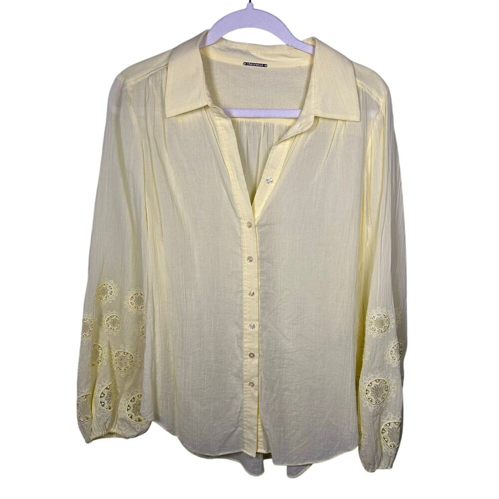 Elie Tahari Yellow 100% Cotton Embroidered Button Down Shirt Women's Small